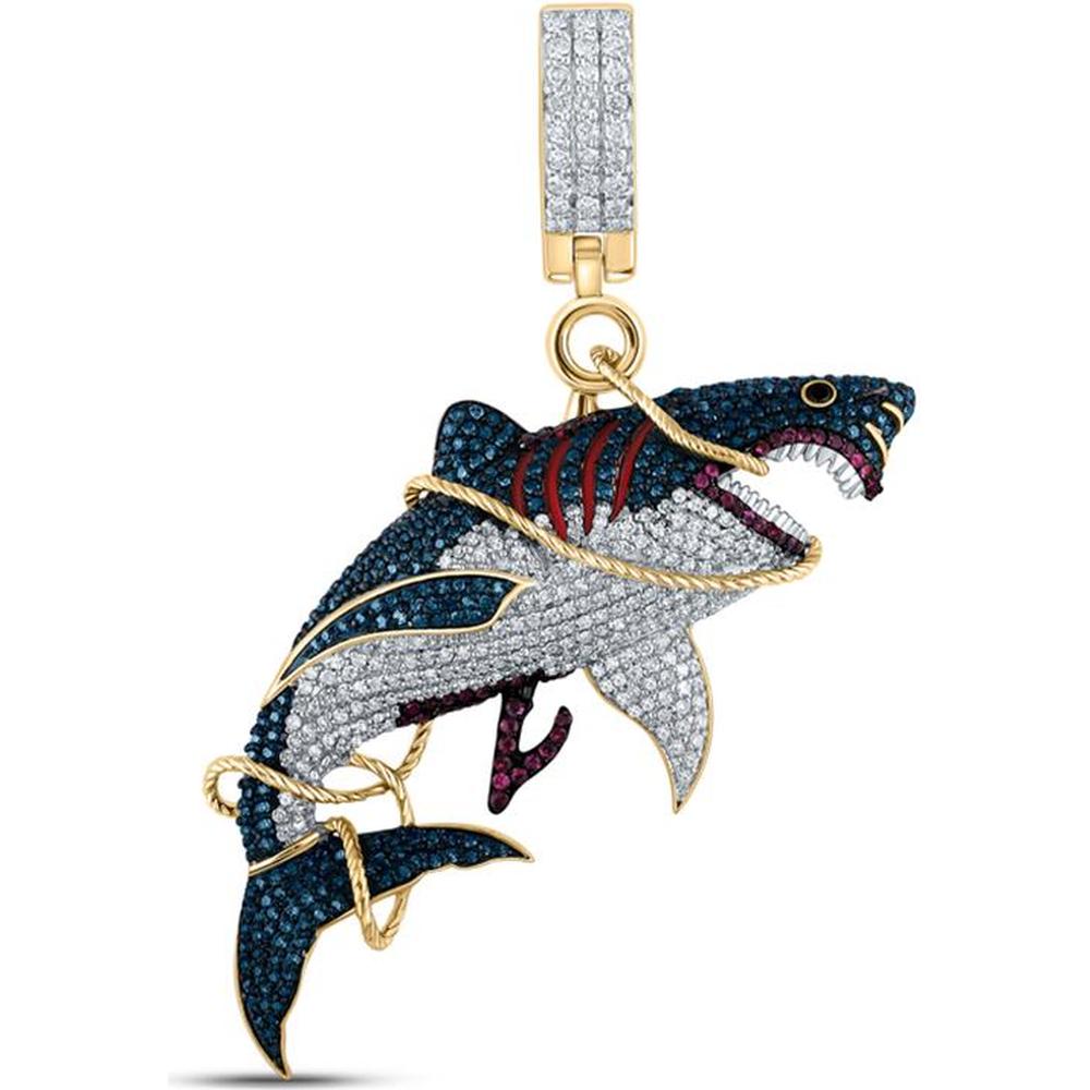14K Yellow Gold Shark Pendant with Round Diamonds, Blue Diamonds & Ruby Accents - 1.5 Carat Total Gemstone Weight