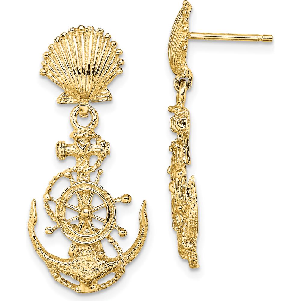 14K Yellow Gold Shell and Anchor Drop Earrings - 30.7mm Length by 0