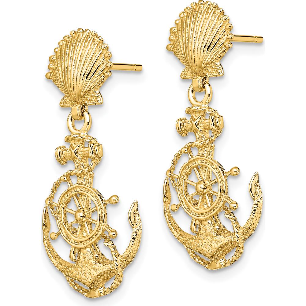 14K Yellow Gold Shell and Anchor Drop Earrings - 30.7mm Length by 0