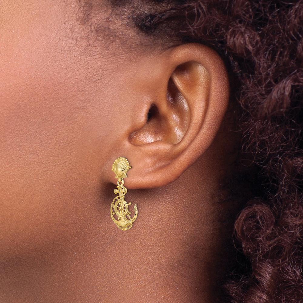 14K Yellow Gold Shell and Anchor Drop Earrings - 30.7mm Length by 0