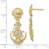 14K Yellow Gold Shell and Anchor Drop Earrings - 30.7mm Length by 0