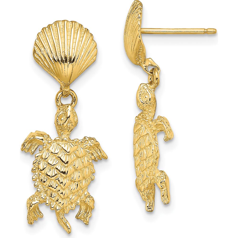 14K Yellow Gold Shell and Sea Turtle Dangle Earrings with Polished Finish by 0