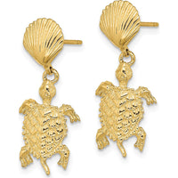 14K Yellow Gold Shell and Sea Turtle Dangle Earrings with Polished Finish by 0
