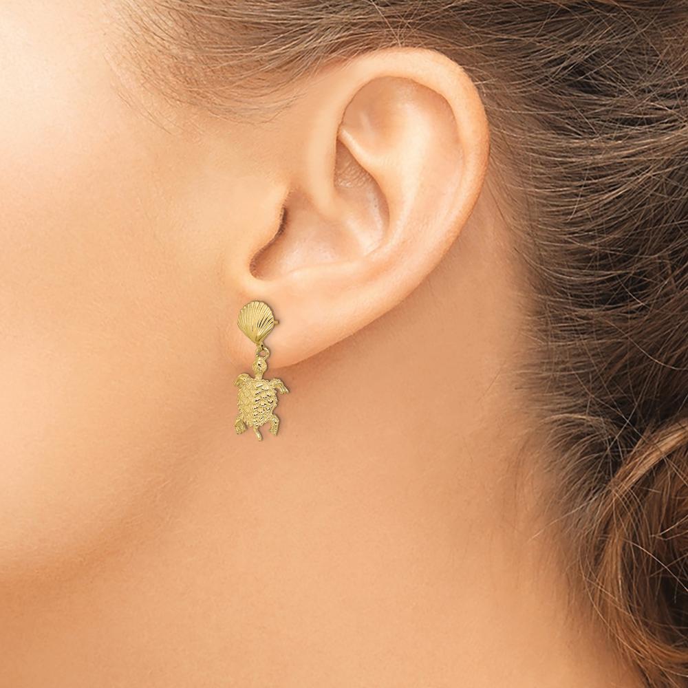 14K Yellow Gold Shell and Sea Turtle Dangle Earrings with Polished Finish by 0