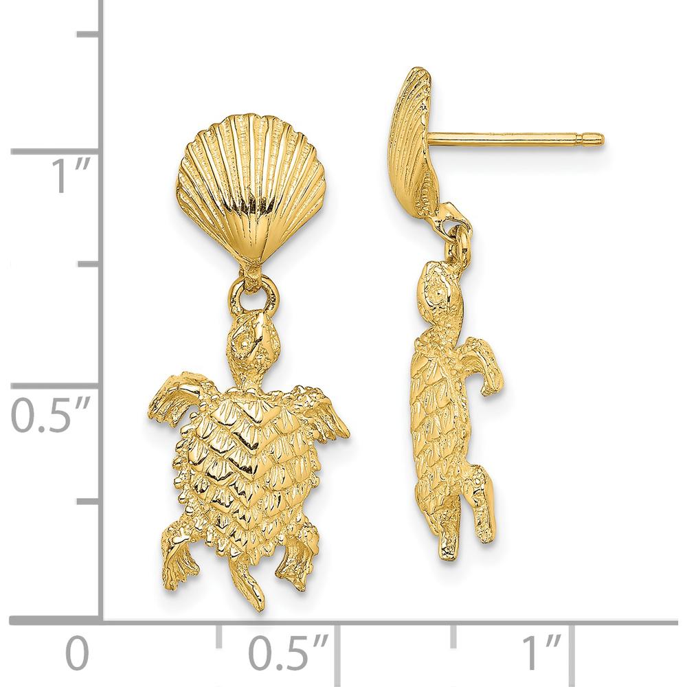 14K Yellow Gold Shell and Sea Turtle Dangle Earrings with Polished Finish by 0
