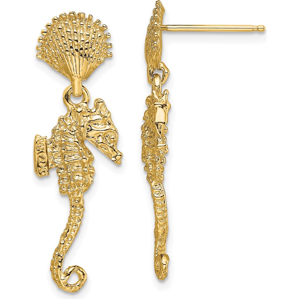 14K Yellow Gold Shell & Seahorse Dangle Earrings - 28mm Length by 0
