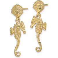14K Yellow Gold Shell & Seahorse Dangle Earrings - 28mm Length by 0