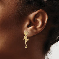 14K Yellow Gold Shell & Seahorse Dangle Earrings - 28mm Length by 0