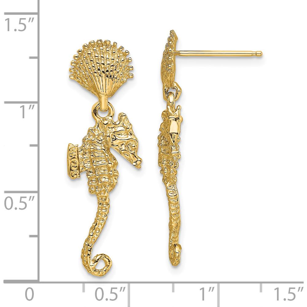 14K Yellow Gold Shell & Seahorse Dangle Earrings - 28mm Length by 0