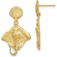 14K Yellow Gold Shell and Stingray Post Dangle Earrings - Polished Finish by 0