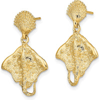 14K Yellow Gold Shell and Stingray Post Dangle Earrings - Polished Finish by 0