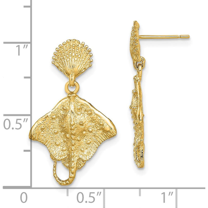14K Yellow Gold Shell and Stingray Post Dangle Earrings - Polished Finish by 0