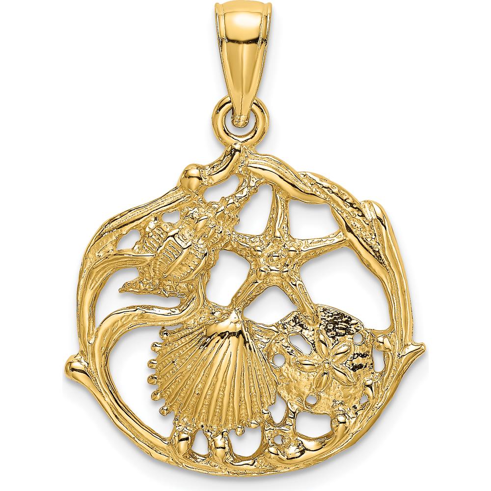 14K Yellow Gold Shell Cluster in Circle Charm Pendant - Textured Finish by Oro Pregiato