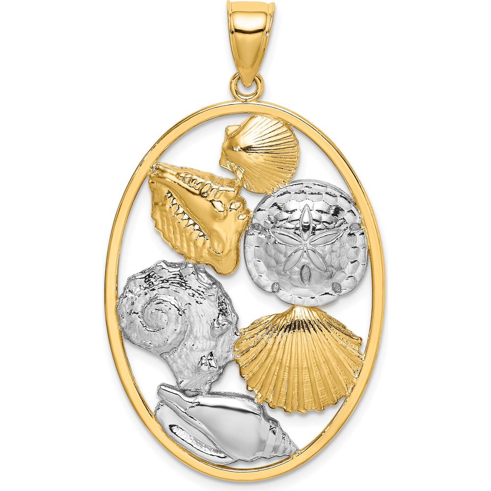 14K Yellow Gold Shell Cluster Pendant with White Rhodium Accents in Oval Frame - 45mm Length by Oro Pregiato