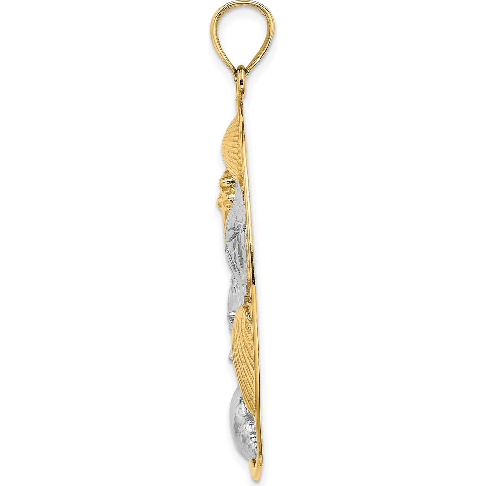 14K Yellow Gold Shell Cluster Pendant with White Rhodium Accents in Oval Frame - 45mm Length by Oro Pregiato