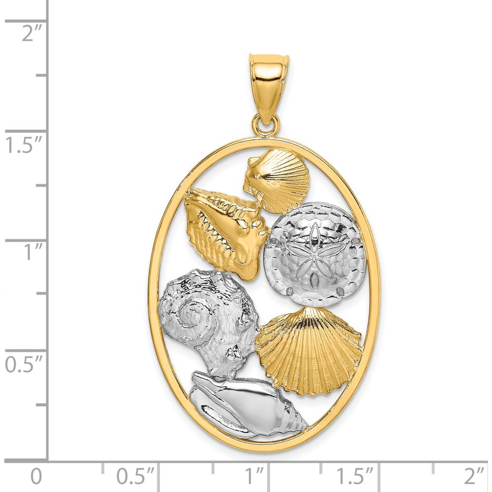 14K Yellow Gold Shell Cluster Pendant with White Rhodium Accents in Oval Frame - 45mm Length by Oro Pregiato