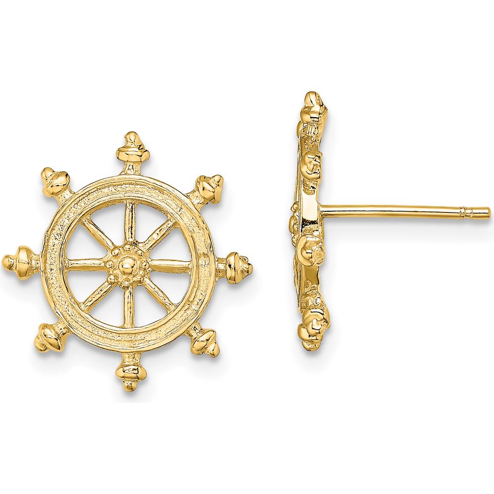 14K Yellow Gold Ship's Wheel Post Earrings - 15.8mm Length by 0