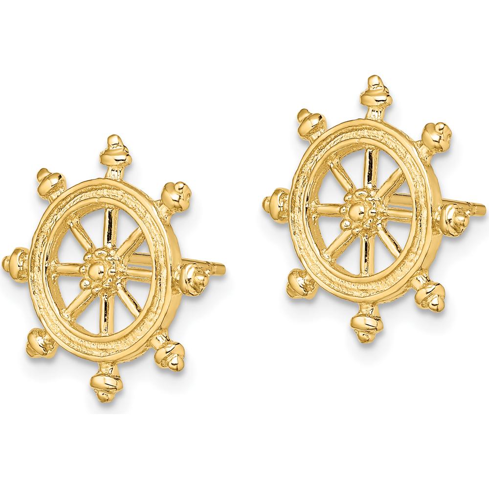 14K Yellow Gold Ship's Wheel Post Earrings - 15.8mm Length by 0