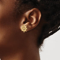 14K Yellow Gold Ship's Wheel Post Earrings - 15.8mm Length by 0