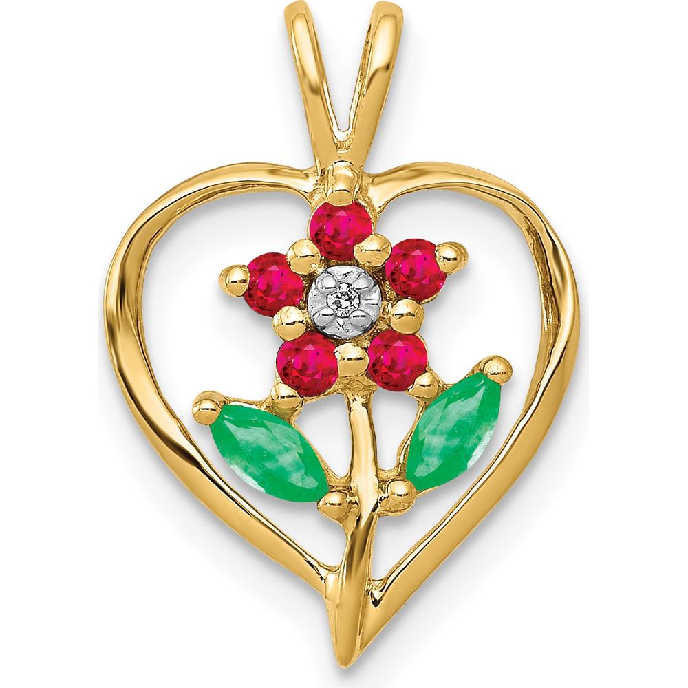 14K Yellow Gold Siam Ruby, Emerald, and Diamond Flower Pendant - 0.14 Carat Total Gem Weight by Lumare Gioia