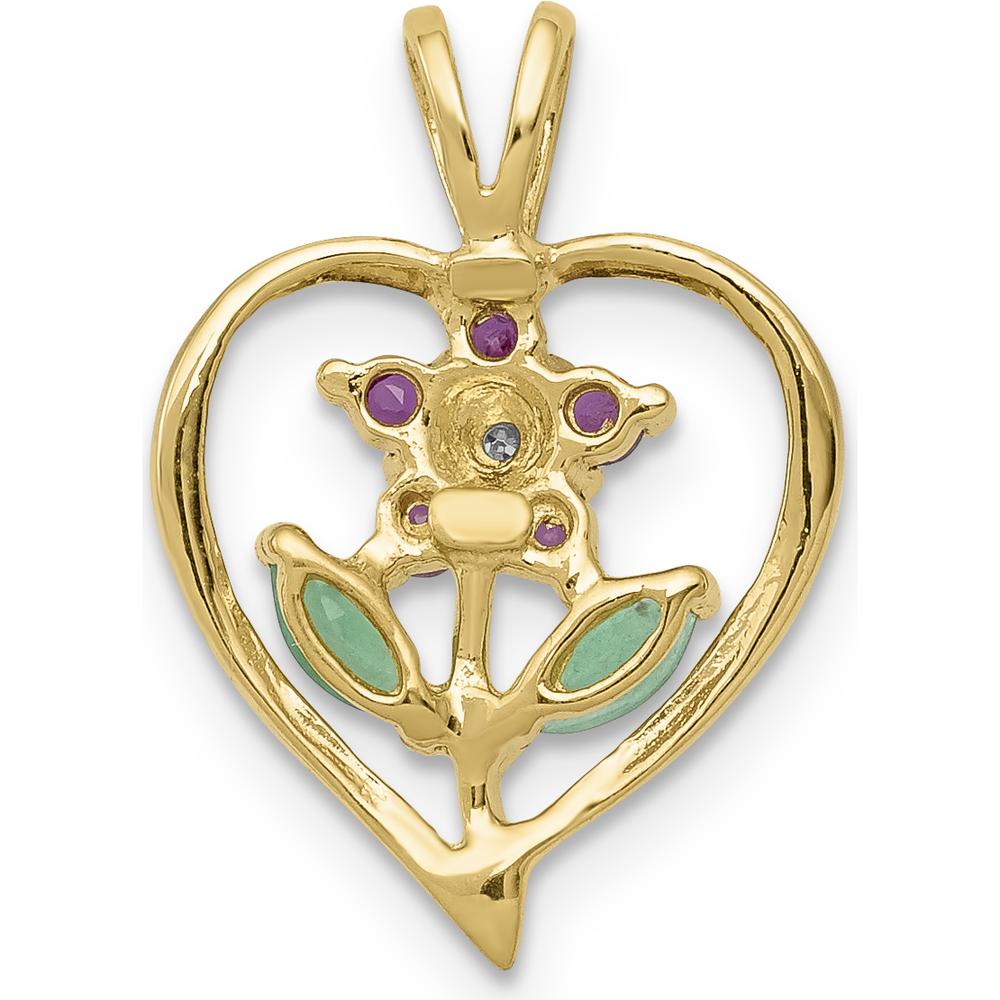 14K Yellow Gold Siam Ruby, Emerald, and Diamond Flower Pendant - 0.14 Carat Total Gem Weight by Lumare Gioia