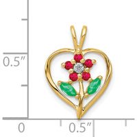 14K Yellow Gold Siam Ruby, Emerald, and Diamond Flower Pendant - 0.14 Carat Total Gem Weight by Lumare Gioia