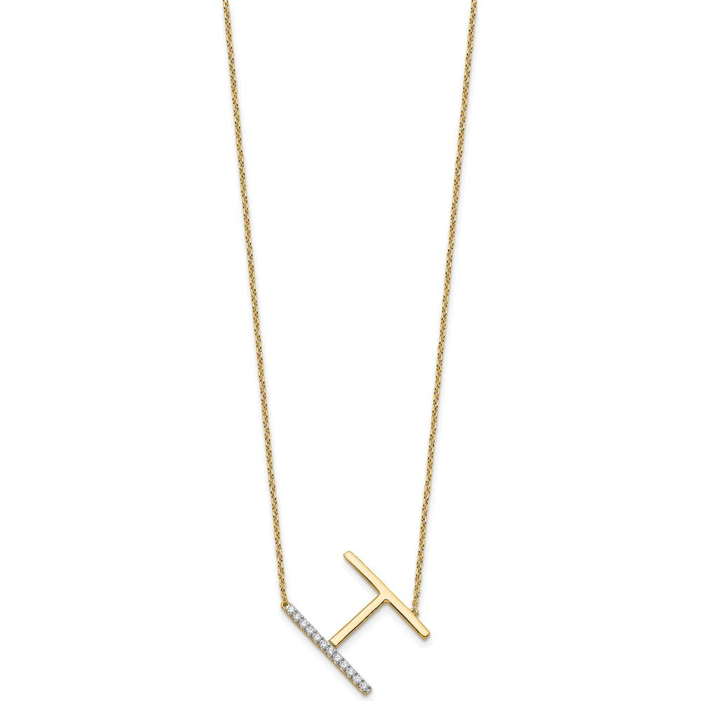 14K Yellow Gold Sideways Diamond Initial 'H' Necklace - Personalized Pendant with Diamond Accents by Oro Pregiato