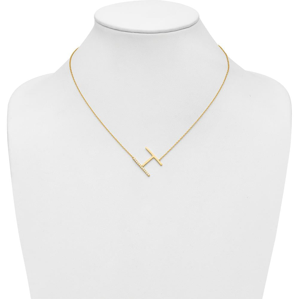 14K Yellow Gold Sideways Diamond Initial 'H' Necklace - Personalized Pendant with Diamond Accents by Oro Pregiato