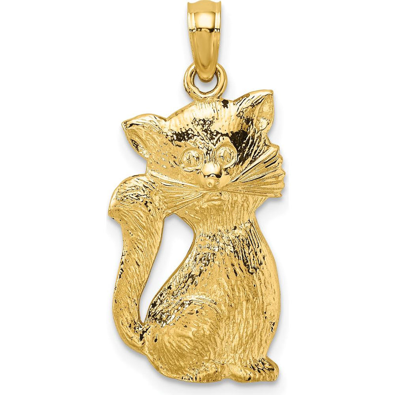 14K Yellow Gold Sitting Cat Charm - Playful Textured Feline Pendant by Oro Pregiato