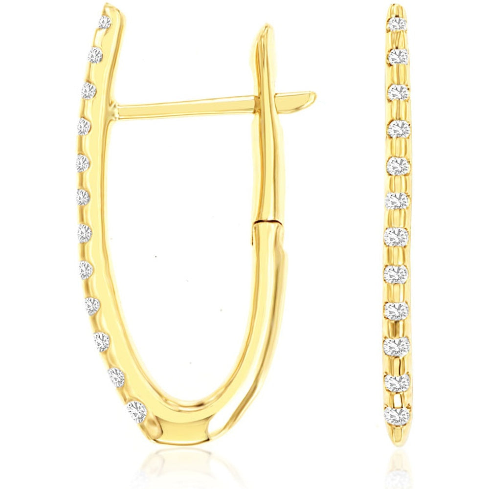 14K Yellow Gold Slim U-Shape Hoop Earrings with Shared-Prong Set Round Diamonds - 0.16 Carat Total Diamond Weight - Royal Jewelry