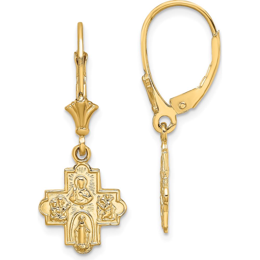 14K Yellow Gold Small 4-Way Medal Cross Leverback Dangle Earrings by 0