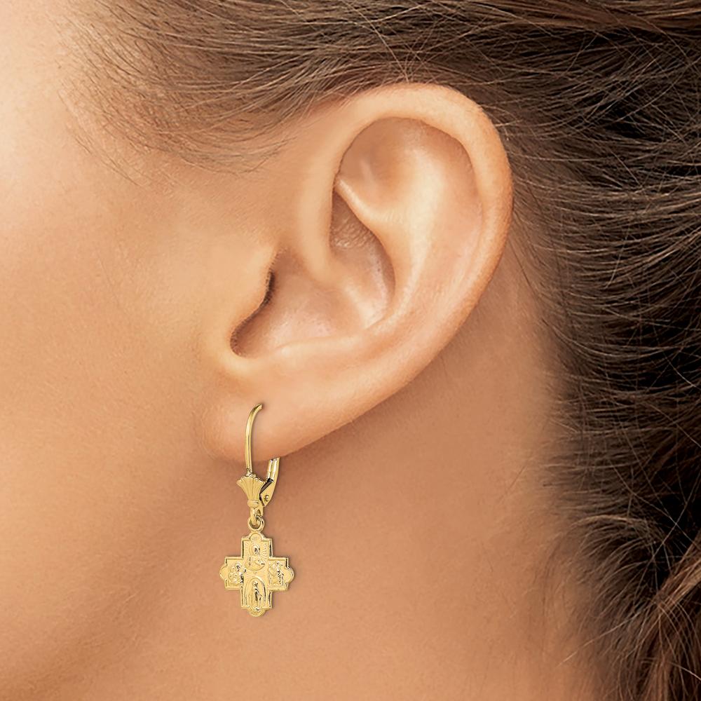 14K Yellow Gold Small 4-Way Medal Cross Leverback Dangle Earrings by 0