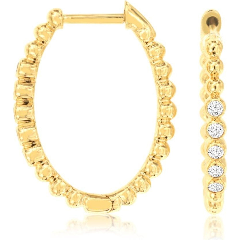 14K Yellow Gold Small Beaded Hoop Earrings with Bead-Set Round Diamonds - 0.20 Carat Total Diamond Weight - Royal Jewelry