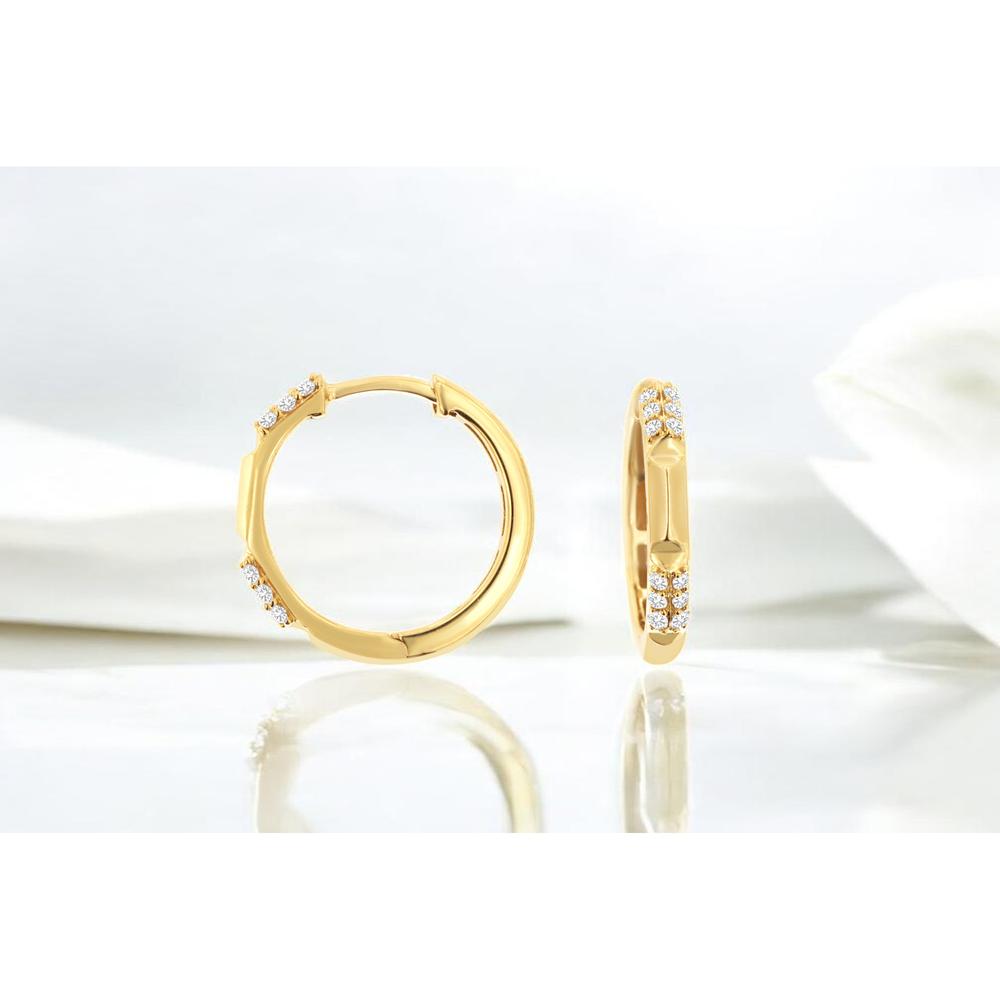 14K Yellow Gold Small Diamond Hoop Earrings with Double Row Round Brilliant Cut Stones - 0.20 Carat Total Weight - Royal Jewelry