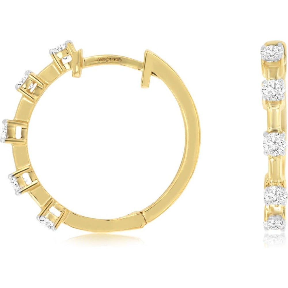 14K Yellow Gold Small Diamond Hoop Earrings with Prong Set Round Brilliant Cut Diamonds - 0.52 Carat Total Diamond Weight - Royal Jewelry