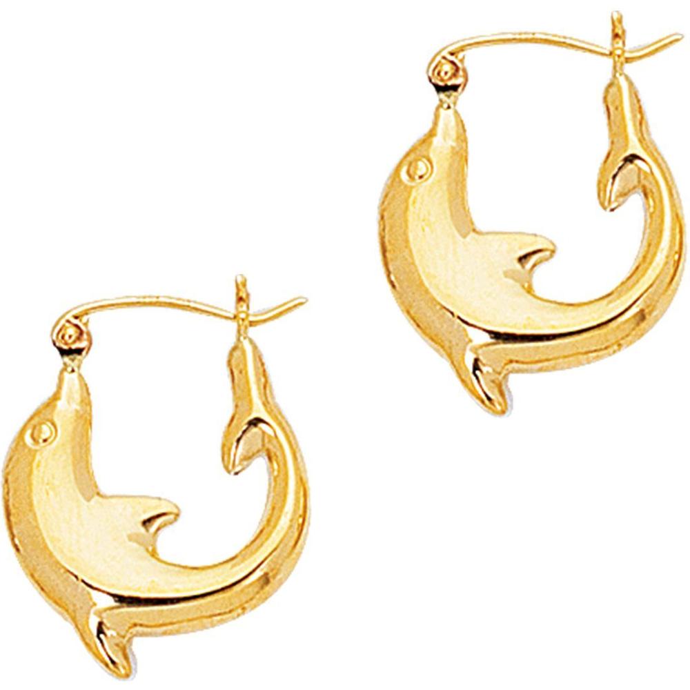 14K Yellow Gold Small Dolphin Back-to-Back Hoop Earrings with Hinged Closure - Sea Life Inspired Lightweight Design by Orozza Fine Jewelry