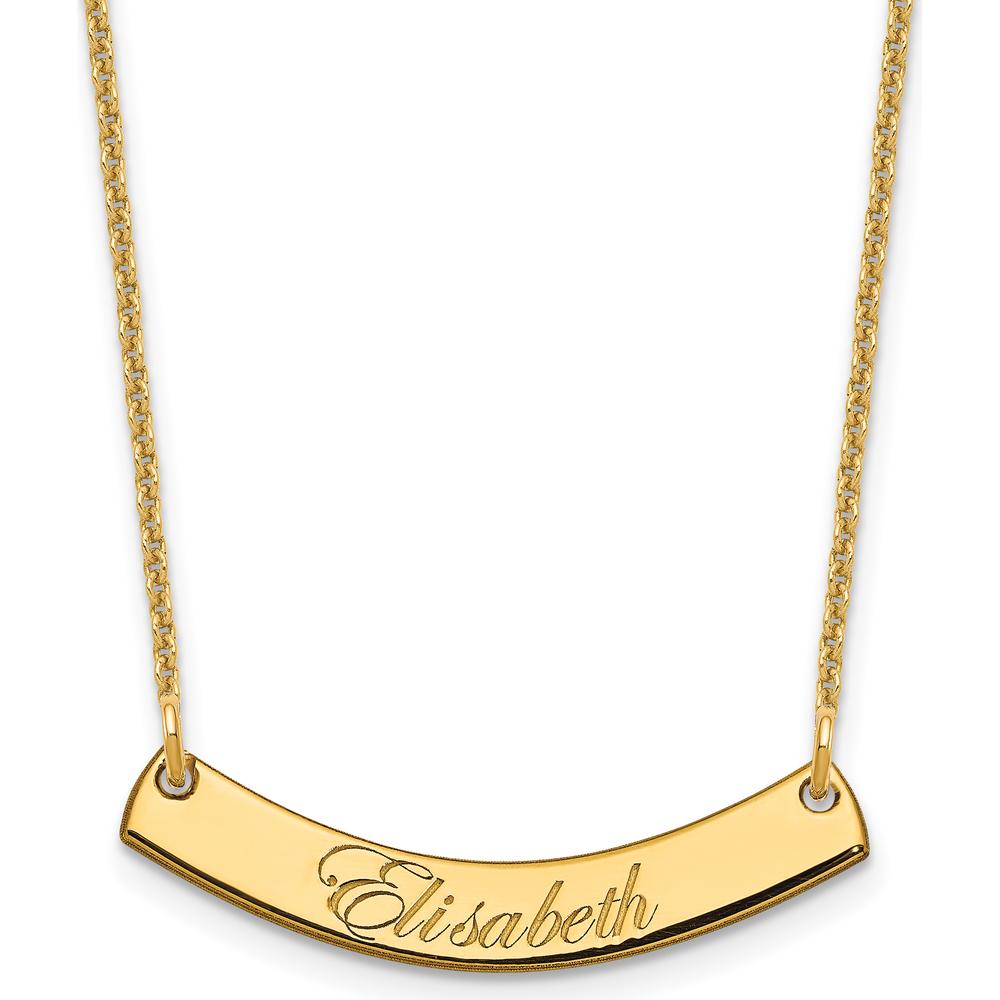 14K Yellow Gold Small Edwardian Script Curved Bar Necklace with Engraving Option - Personalized Gift for Women by Oro Pregiato