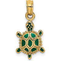 14K Yellow Gold Small Green Enameled 3D Land Turtle Charm - Nature-Inspired Pendant by Oro Pregiato