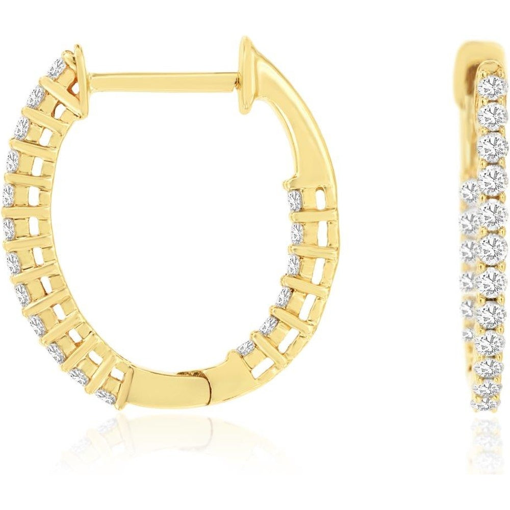 14K Yellow Gold Small Hinged Hoop Earrings with Prong-Set Round Diamonds - 0.48 Carat Total Diamond Weight - Royal Jewelry