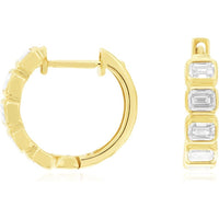 14K Yellow Gold Small Hoop Earrings with Bezel-Set Emerald Cut Diamonds - 1.00 Carat Total Diamond Weight - Royal Jewelry