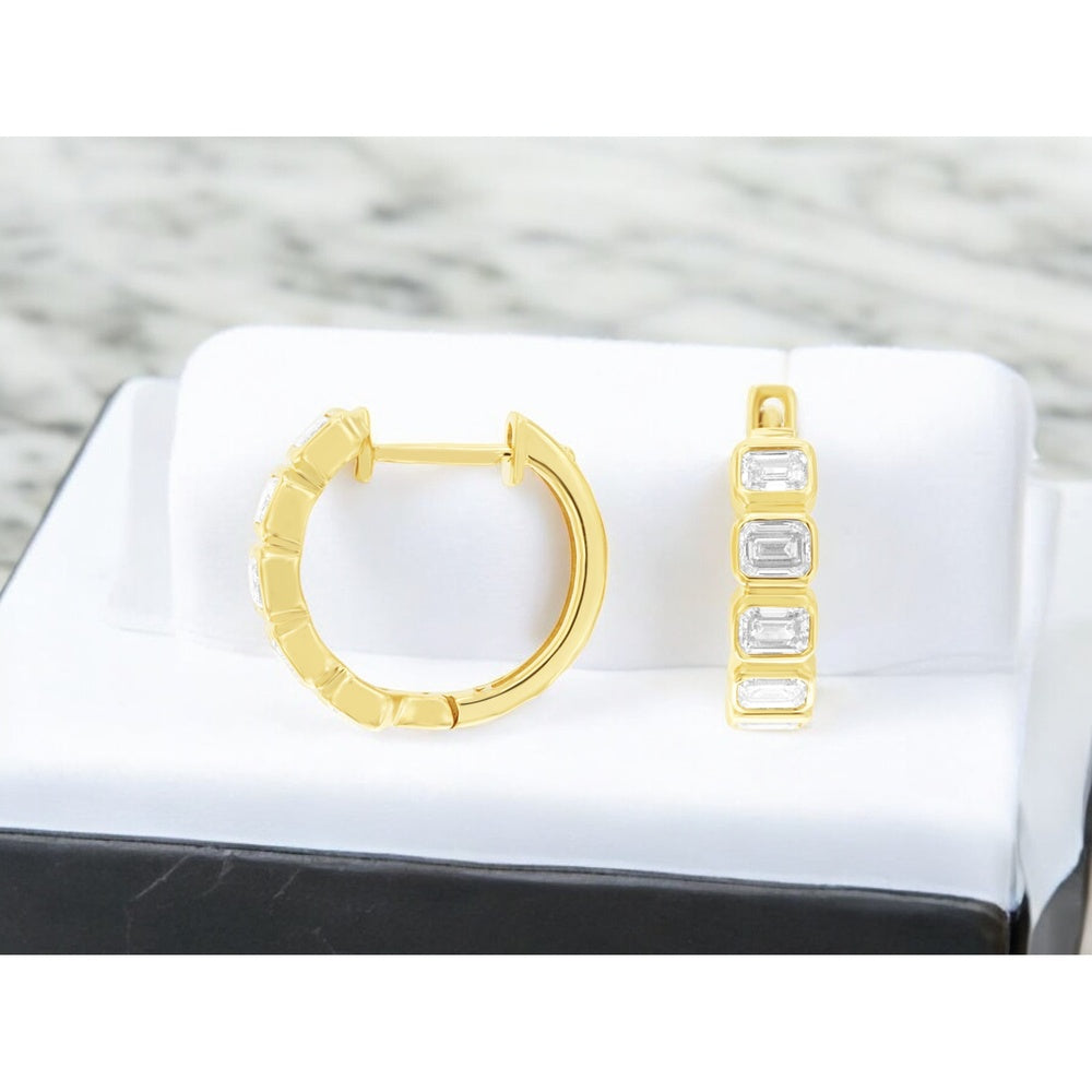 14K Yellow Gold Small Hoop Earrings with Bezel-Set Emerald Cut Diamonds - 1.00 Carat Total Diamond Weight - Royal Jewelry
