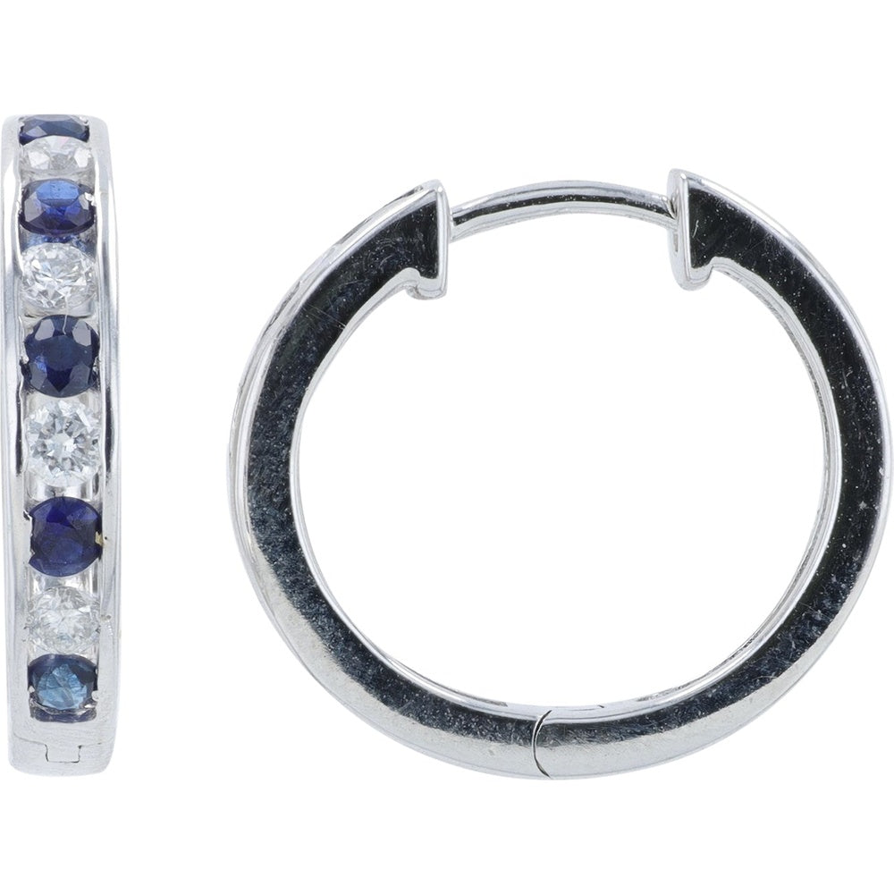 14K Yellow Gold Small Hoop Earrings with Channel-Set Round Sapphires and Diamonds - 0.50 Carat Total Sapphire Weight and 0.27 Carat Total Diamond Weight