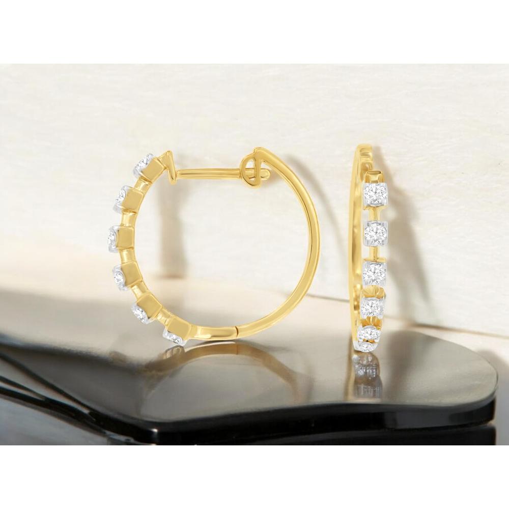 14K Yellow Gold Small Hoop Earrings with Front-Facing Round Diamonds - 0.45 Carat Total Diamond Weight - Royal Jewelry