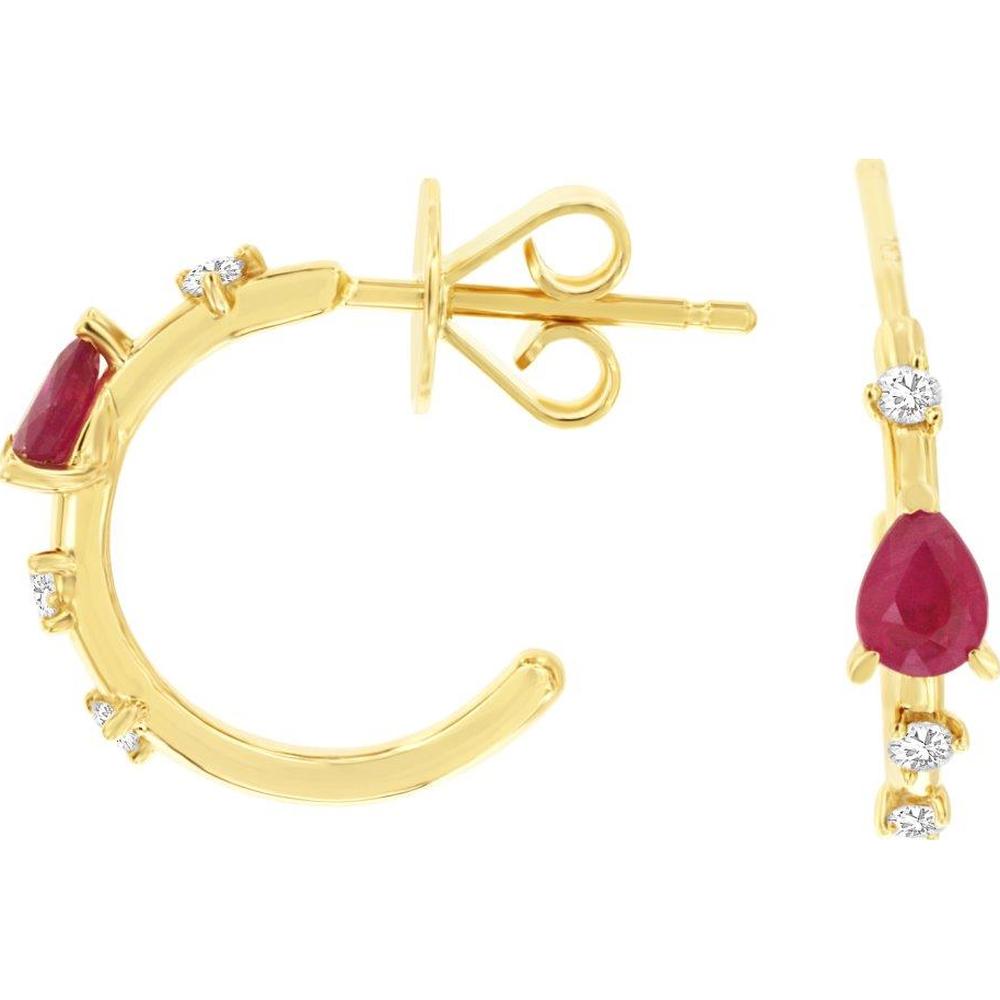 14K Yellow Gold Small Hoop Earrings with Pear Cut Rubies and Round Diamond Accents - 0.35 Carat Total Ruby Weight, 0.10 Carat Total Diamond Weight - Royal Jewelry