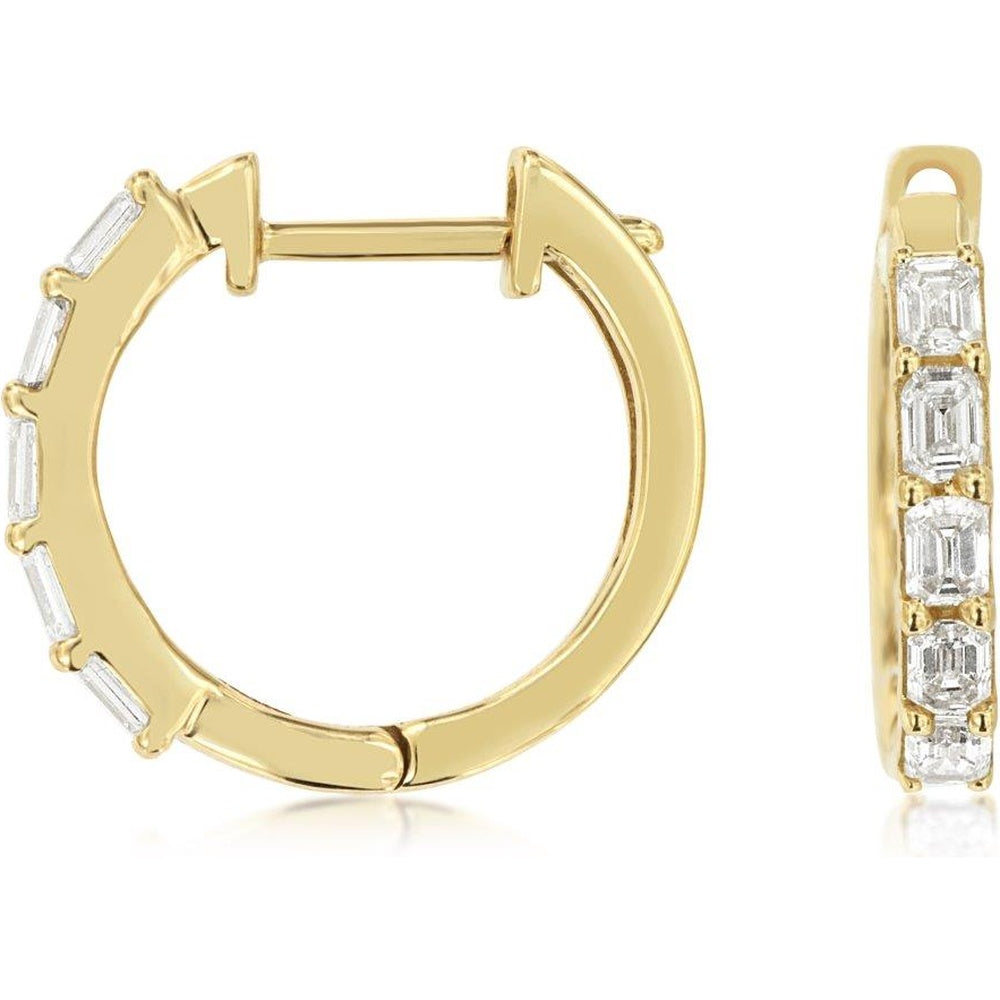 14K Yellow Gold Small Hoop Earrings with Prong-Set Emerald Cut Diamonds - 0.64 Carat Total Diamond Weight - Royal Jewelry