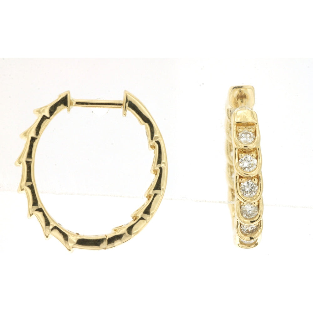 14K Yellow Gold Small Hoop Earrings with Prong-Set Round Diamonds - 0.72 Carat Total Diamond Weight - Royal Jewelry