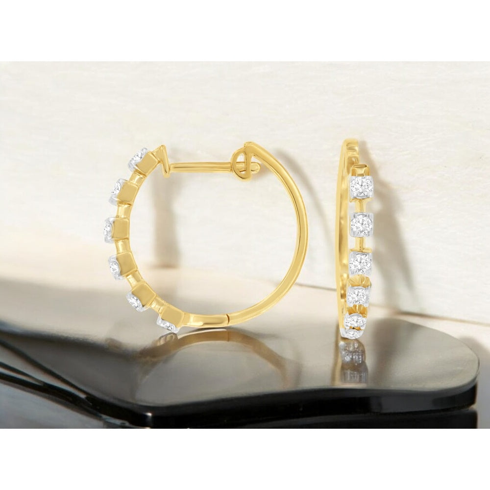 14K Yellow Gold Small Hoop Earrings with Round Brilliant-Cut Diamonds - 0.45 Carat Total Diamond Weight - Royal Jewelry