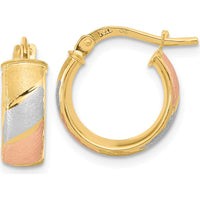 14K Yellow Gold Small Hoop Earrings with White and Rose Rhodium Satin Finish - 15mm Polished & Brushed Tri-Tone Design by 0