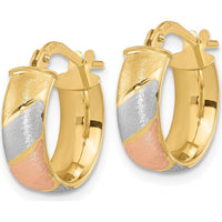 14K Yellow Gold Small Hoop Earrings with White and Rose Rhodium Satin Finish - 15mm Polished & Brushed Tri-Tone Design by 0