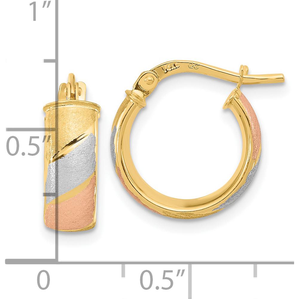 14K Yellow Gold Small Hoop Earrings with White and Rose Rhodium Satin Finish - 15mm Polished & Brushed Tri-Tone Design by 0